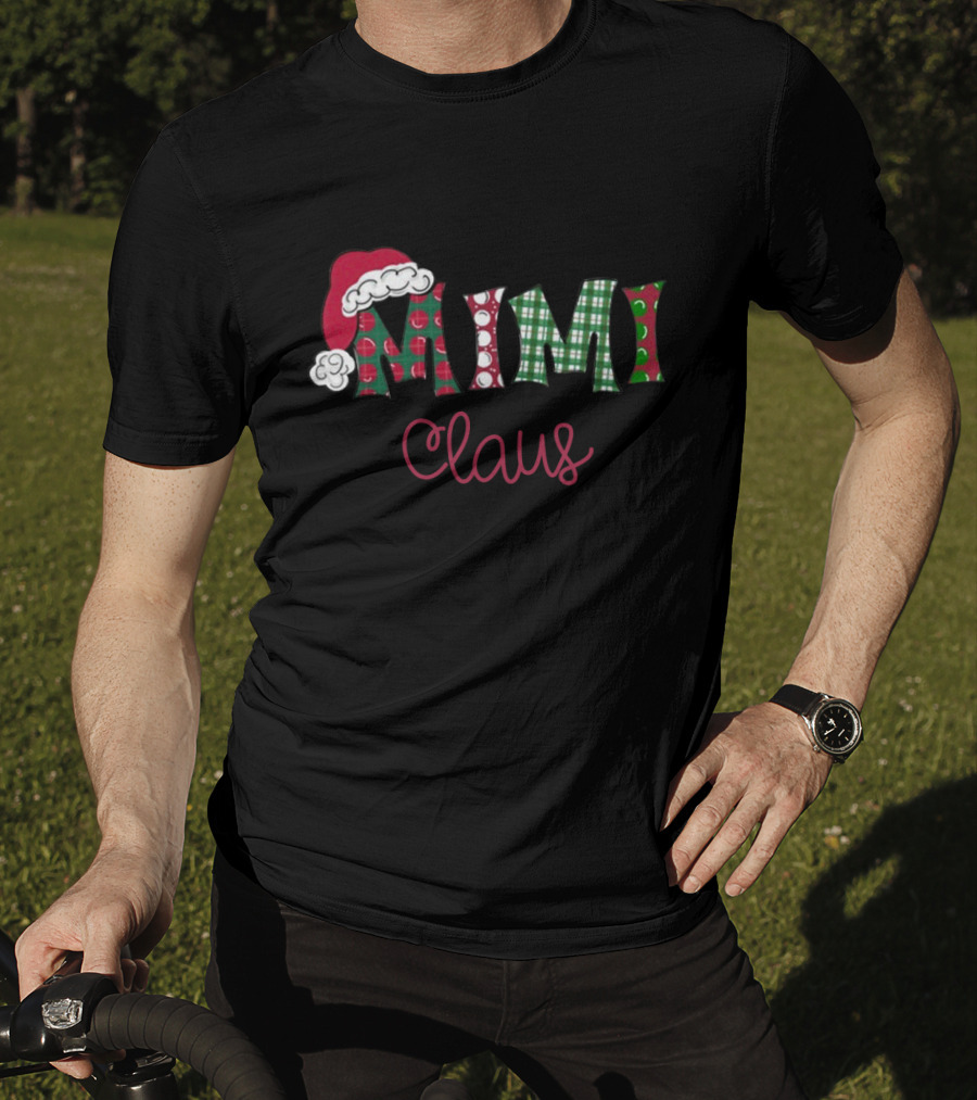 Mimi Claus Christmas Santa Hat Polka Dot Plaid T-Shirt