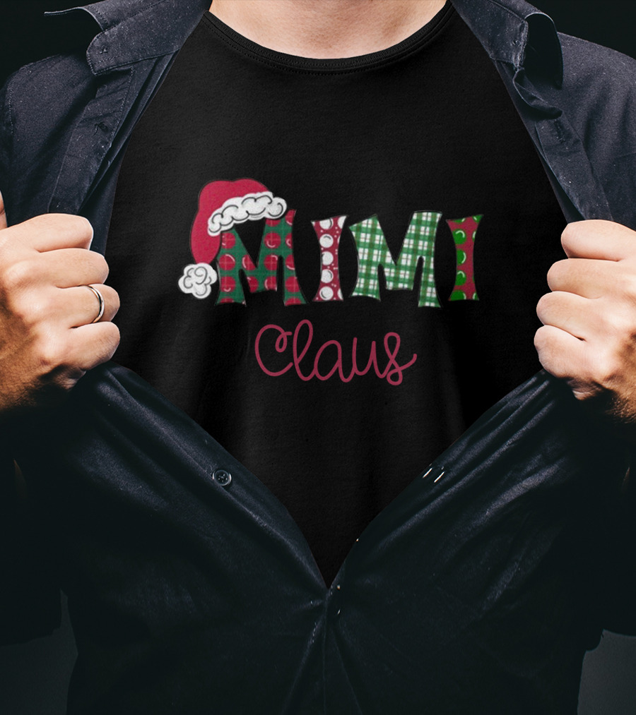 Mimi Claus Christmas Santa Hat Polka Dot Plaid T-Shirt