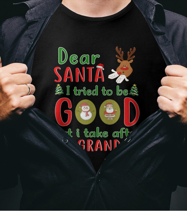 Dear Santa I Tried To Be Good But I Take After My Grandma Reindeer Santa Snowman Christmas Trees T-Shirt
