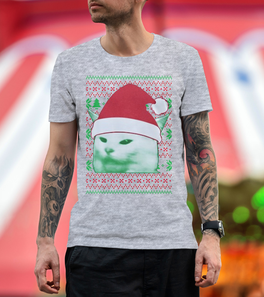 Santa Hat Cat Meme Christmas Pattern Raglan T-Shirt