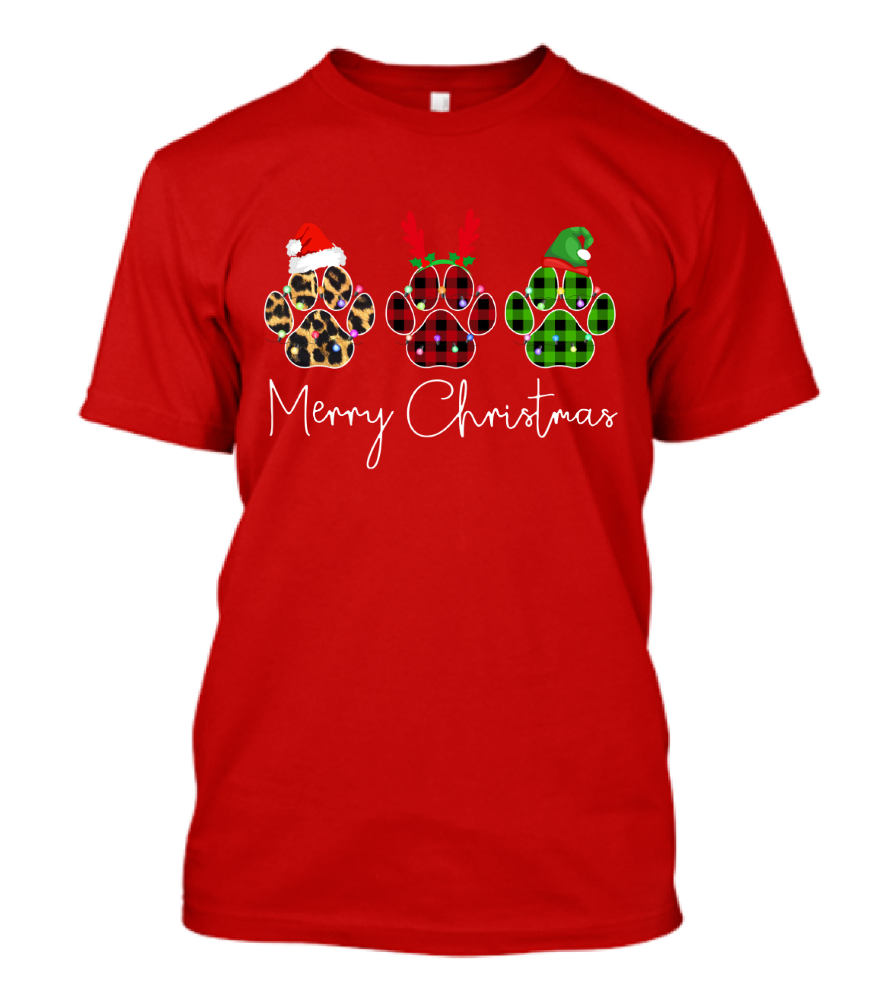 Merry Christmas Plaid Leopard Paw Santa Hat Reindeer Antlers Green Elf Hat T-Shirt