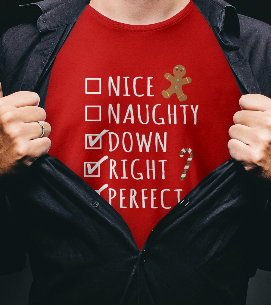 Nice Naughty Down Right Perfect Gingerbread Candy Cane Holiday Checklist T-Shirt