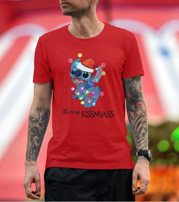 Premium T-Shirt: Merry Kissmyass Christmas Stitch Santa Hat Lights T-Shirt Merry Kissmyass Christmas Stitch Santa Hat Lights T-Shirt