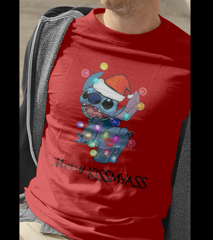 Merry Kissmyass Christmas Stitch Santa Hat Lights T-Shirt