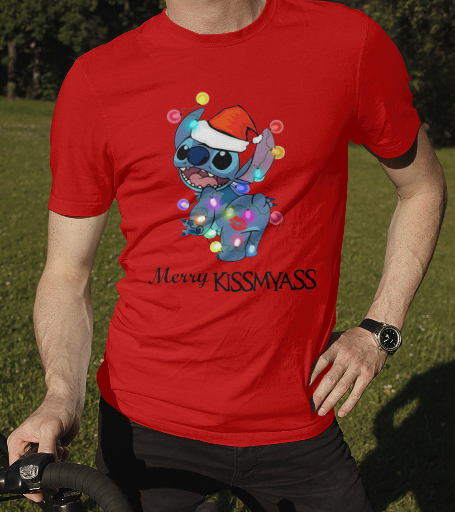 Merry Kissmyass Christmas Stitch Santa Hat Lights T-Shirt