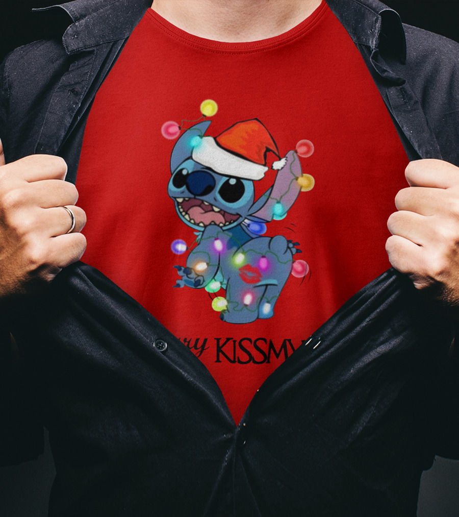 Merry Kissmyass Christmas Stitch Santa Hat Lights T-Shirt