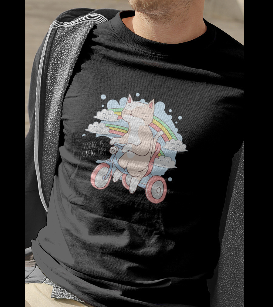 Cat On Bicycle With Rainbow Clouds And Positive Message Today Is Great Day T-Shirt