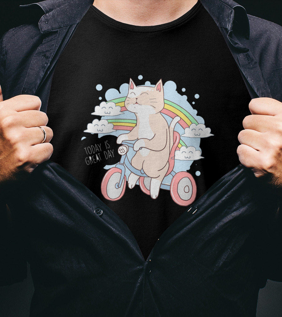 Cat On Bicycle With Rainbow Clouds And Positive Message Today Is Great Day T-Shirt