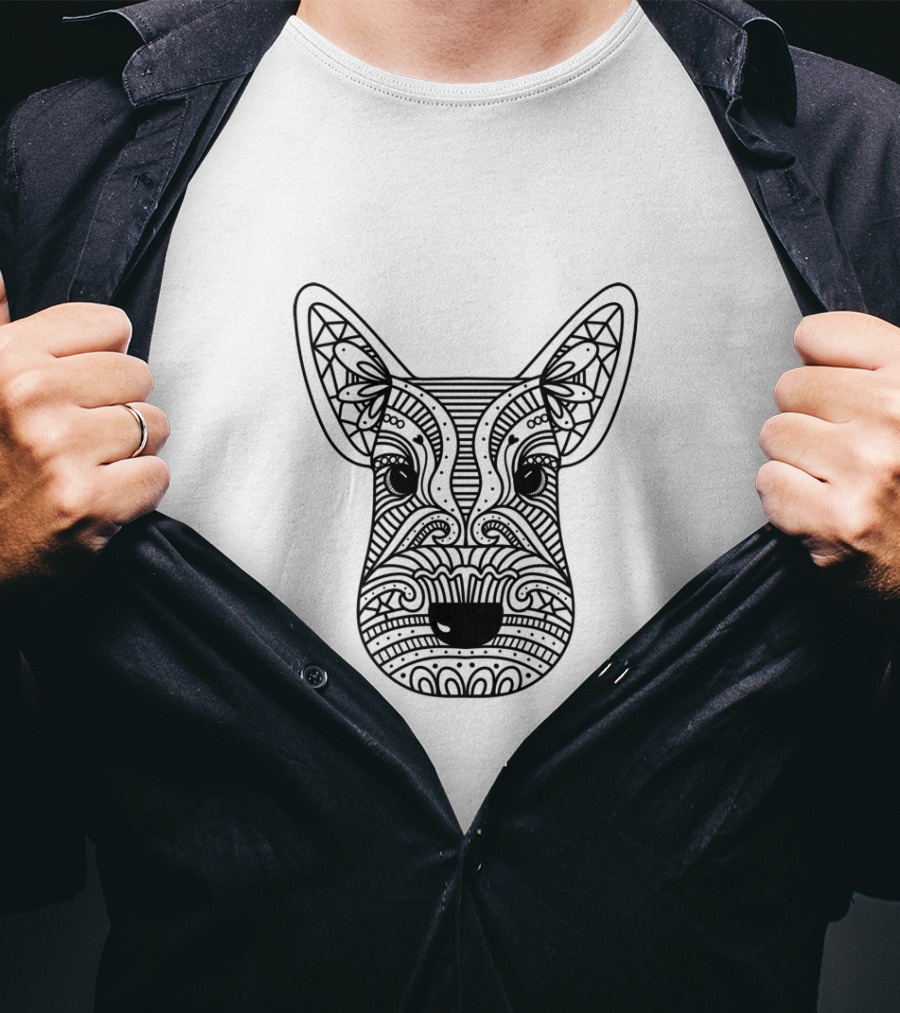 Intricate Hand Drawn Black Line Dog Face T-Shirt
