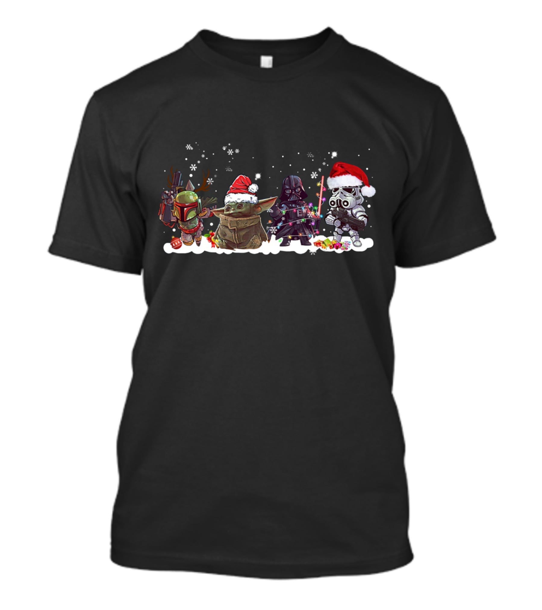 Boba Fett Baby Yoda Darth Vader And Stormtrooper Star Wars Christmas Santa Hats Snowflakes T-Shirt
