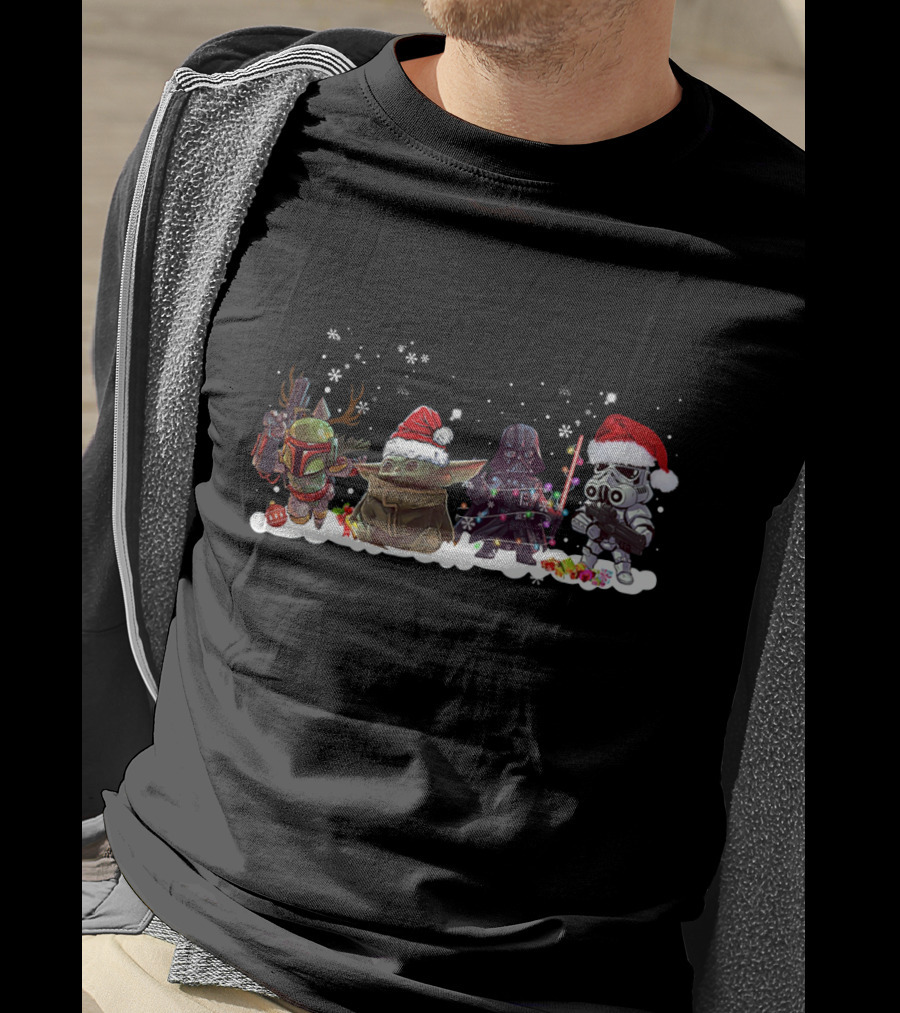 Boba Fett Baby Yoda Darth Vader And Stormtrooper Star Wars Christmas Santa Hats Snowflakes T-Shirt