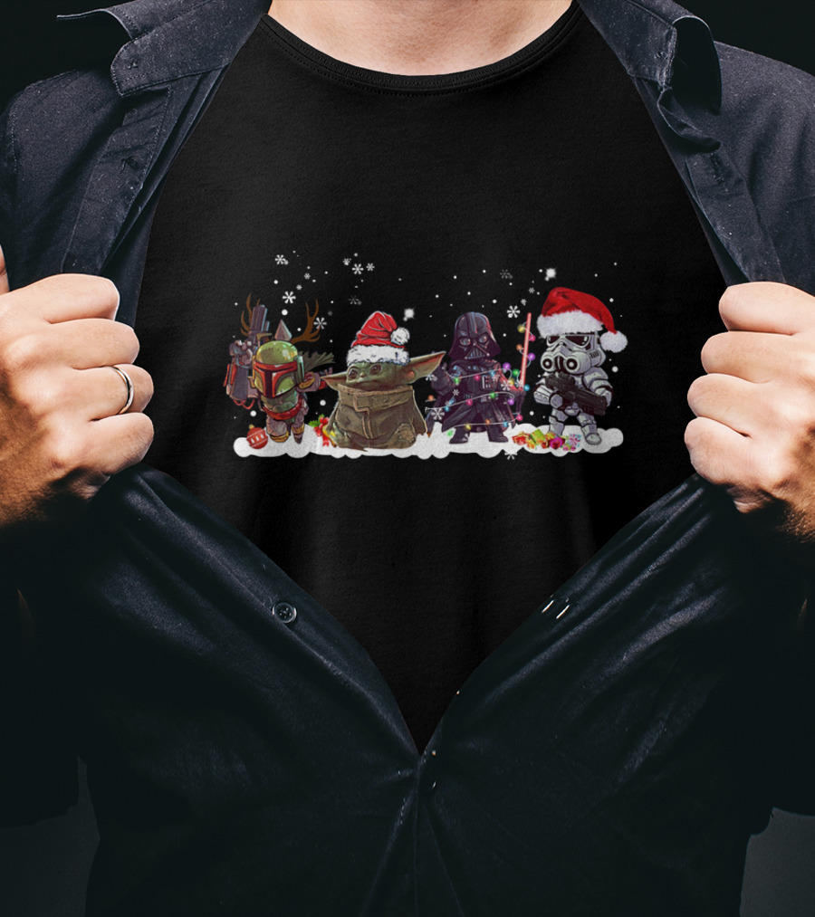 Boba Fett Baby Yoda Darth Vader And Stormtrooper Star Wars Christmas Santa Hats Snowflakes T-Shirt