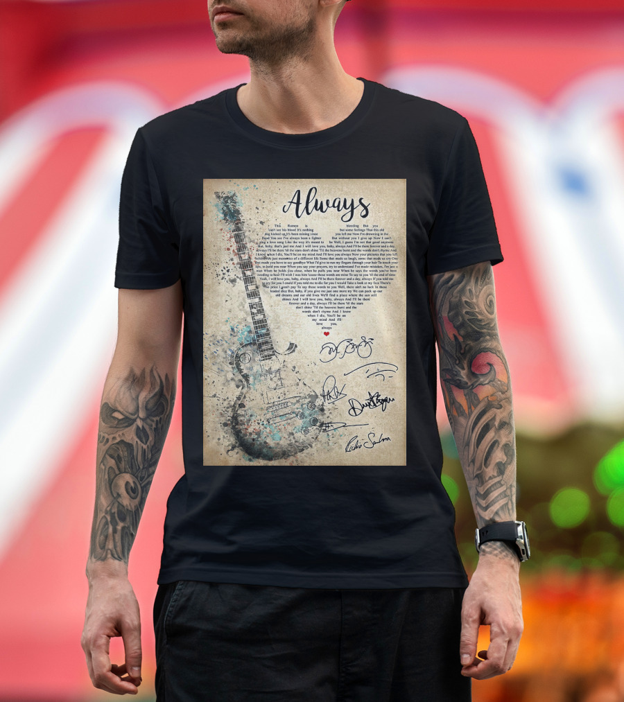 Always Bon Jovi Song Lyrics Guitar Art with Band Signatures T-Shirt