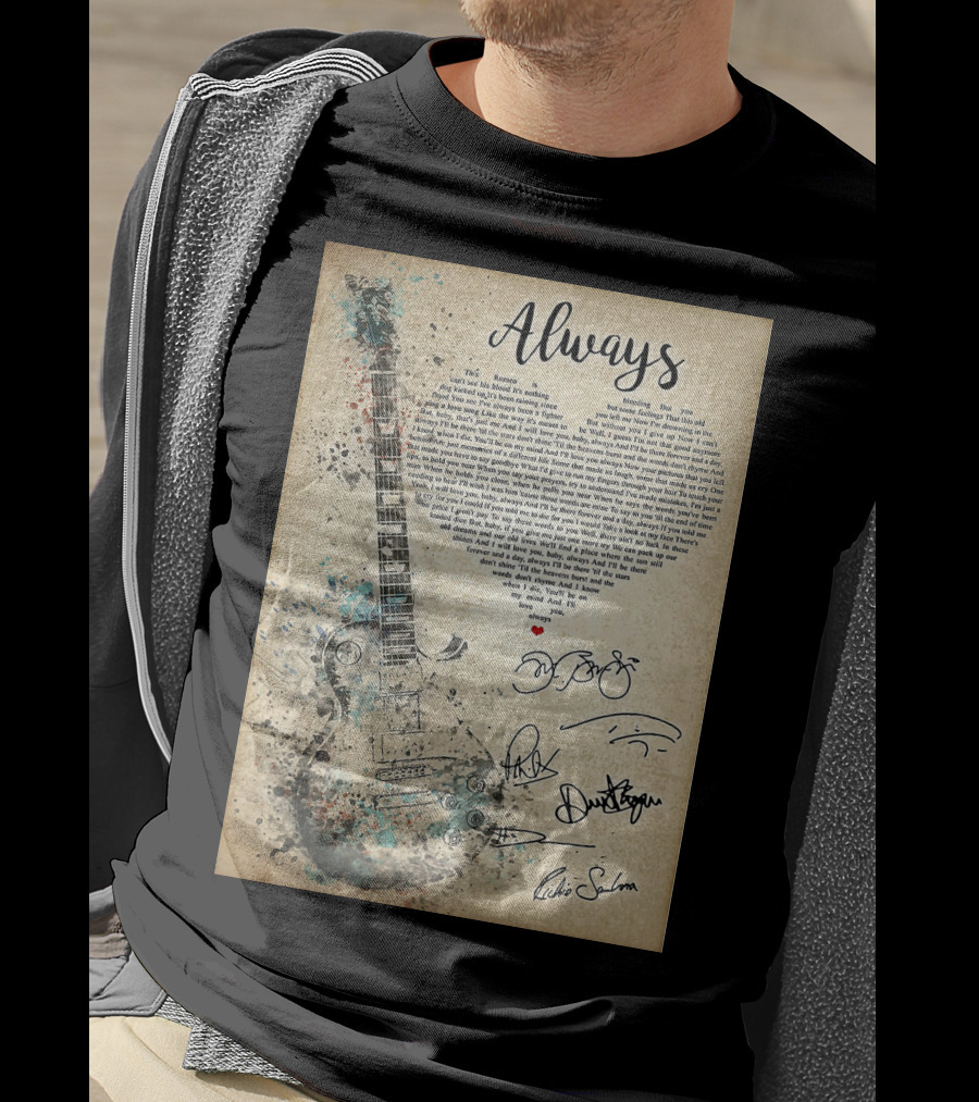 Always Bon Jovi Song Lyrics Guitar Art With Band Signatures T-Shirt