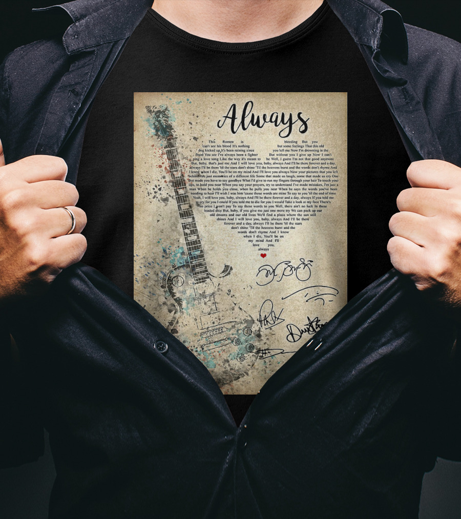 Always Bon Jovi Song Lyrics Guitar Art With Band Signatures T-Shirt