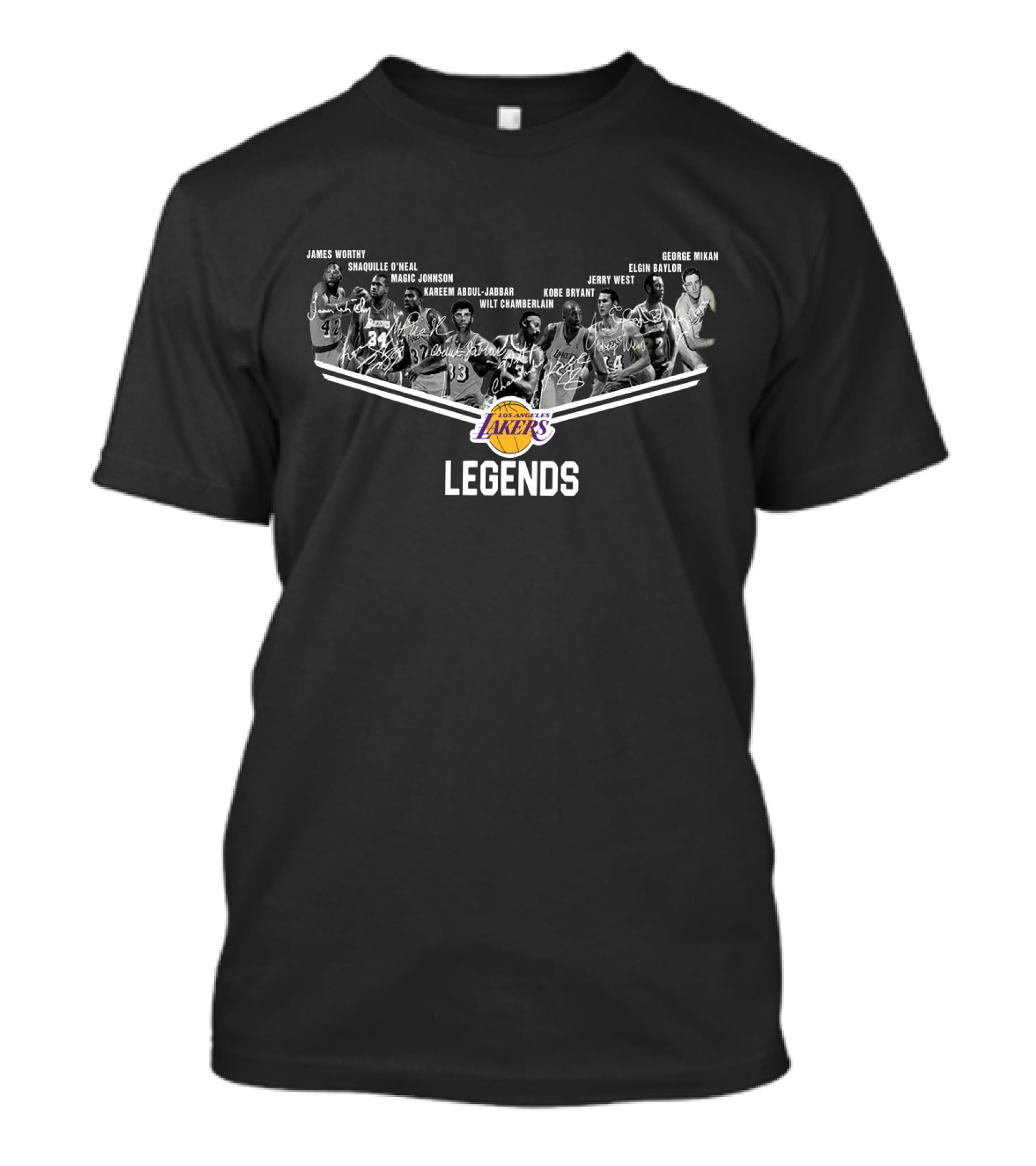 Los Angeles Lakers Legends Wilt Chamberlain Kareem Abdul-Jabbar Jerry West Magic Johnson Shaquille O'Neal Kobe Bryant James Worthy George Mikan Elgin Baylor Signature T-Shirt