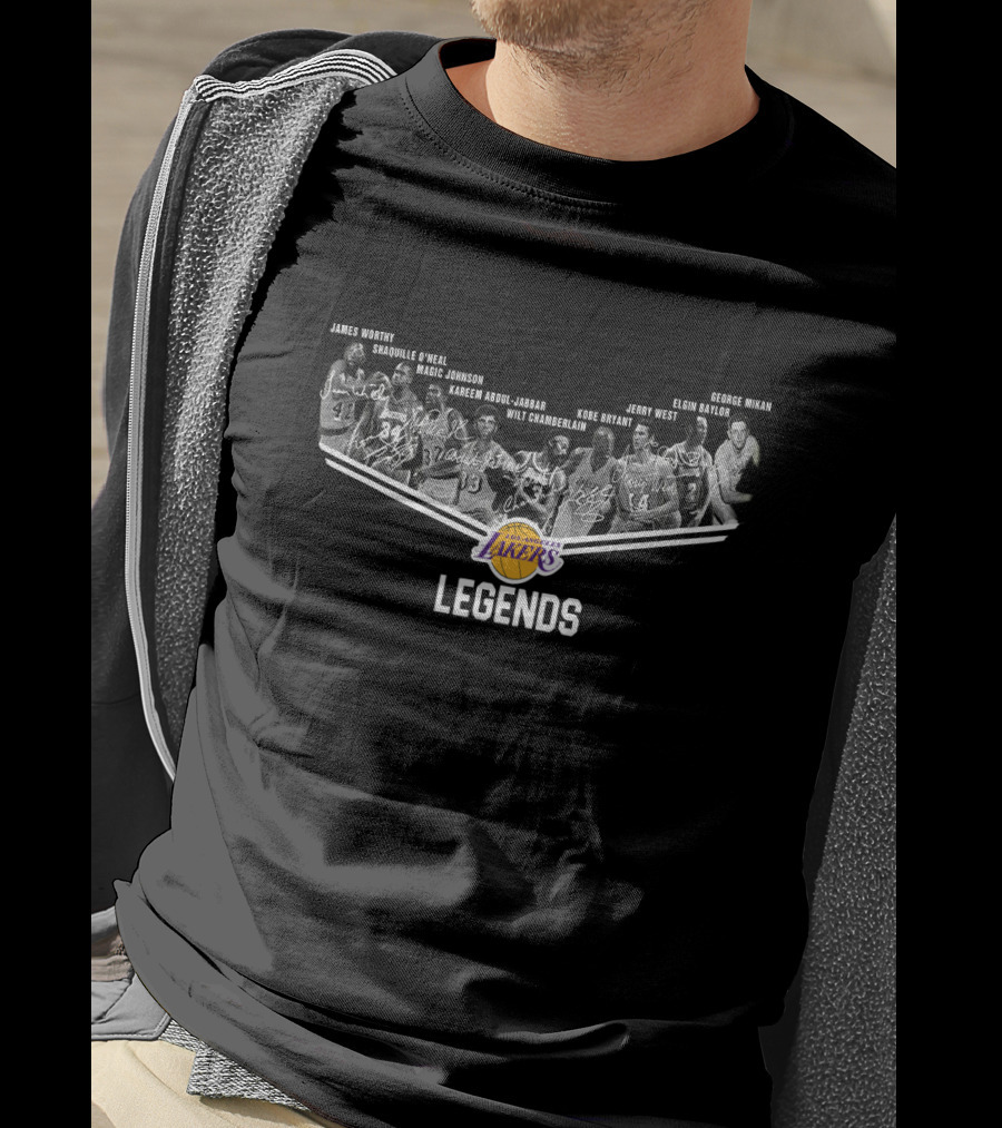 Los Angeles Lakers Legends Wilt Chamberlain Kareem Abdul-Jabbar Jerry West Magic Johnson Shaquille O'Neal Kobe Bryant James Worthy George Mikan Elgin Baylor Signature T-Shirt