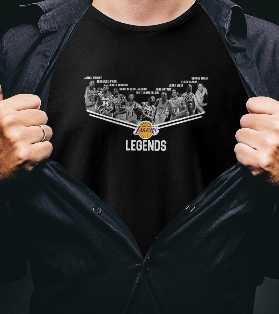 Los Angeles Lakers Legends Wilt Chamberlain Kareem Abdul-Jabbar Jerry West Magic Johnson Shaquille O'Neal Kobe Bryant James Worthy George Mikan Elgin Baylor Signature T-Shirt