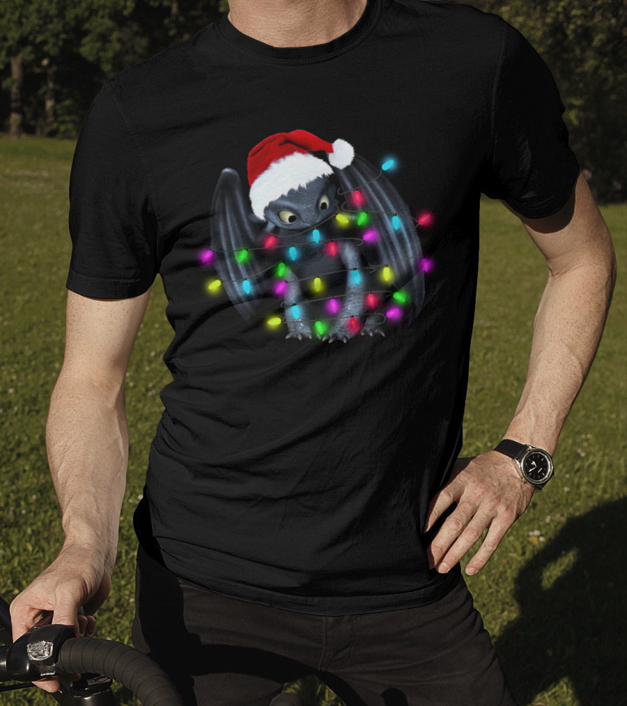 Toothless Wrapped In Colorful Christmas Lights And Santa Hat T-Shirt