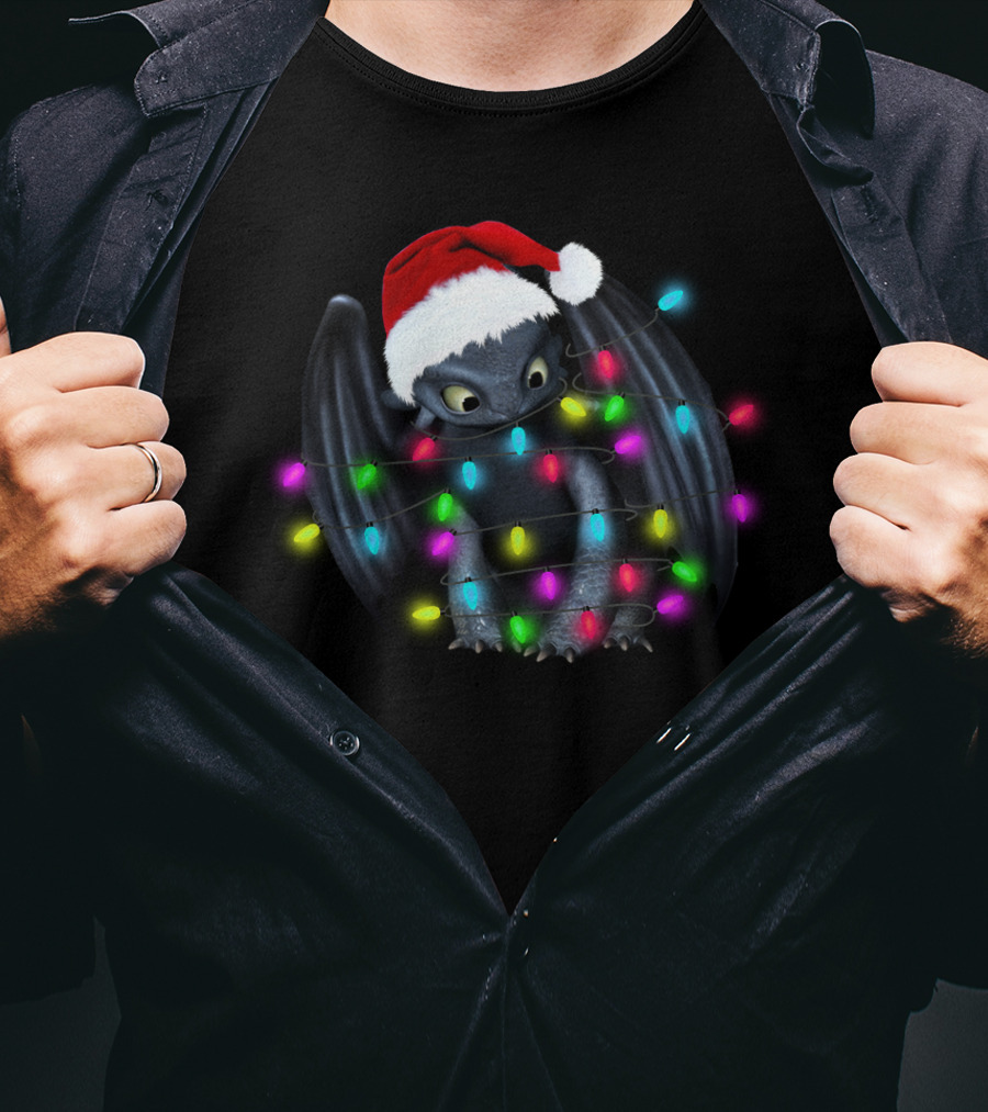 Toothless Wrapped In Colorful Christmas Lights And Santa Hat T-Shirt