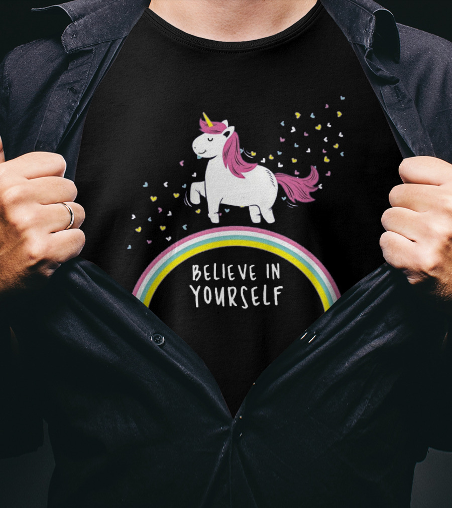 Believe In Yourself Cute Unicorn Rainbow Hearts T-Shirt