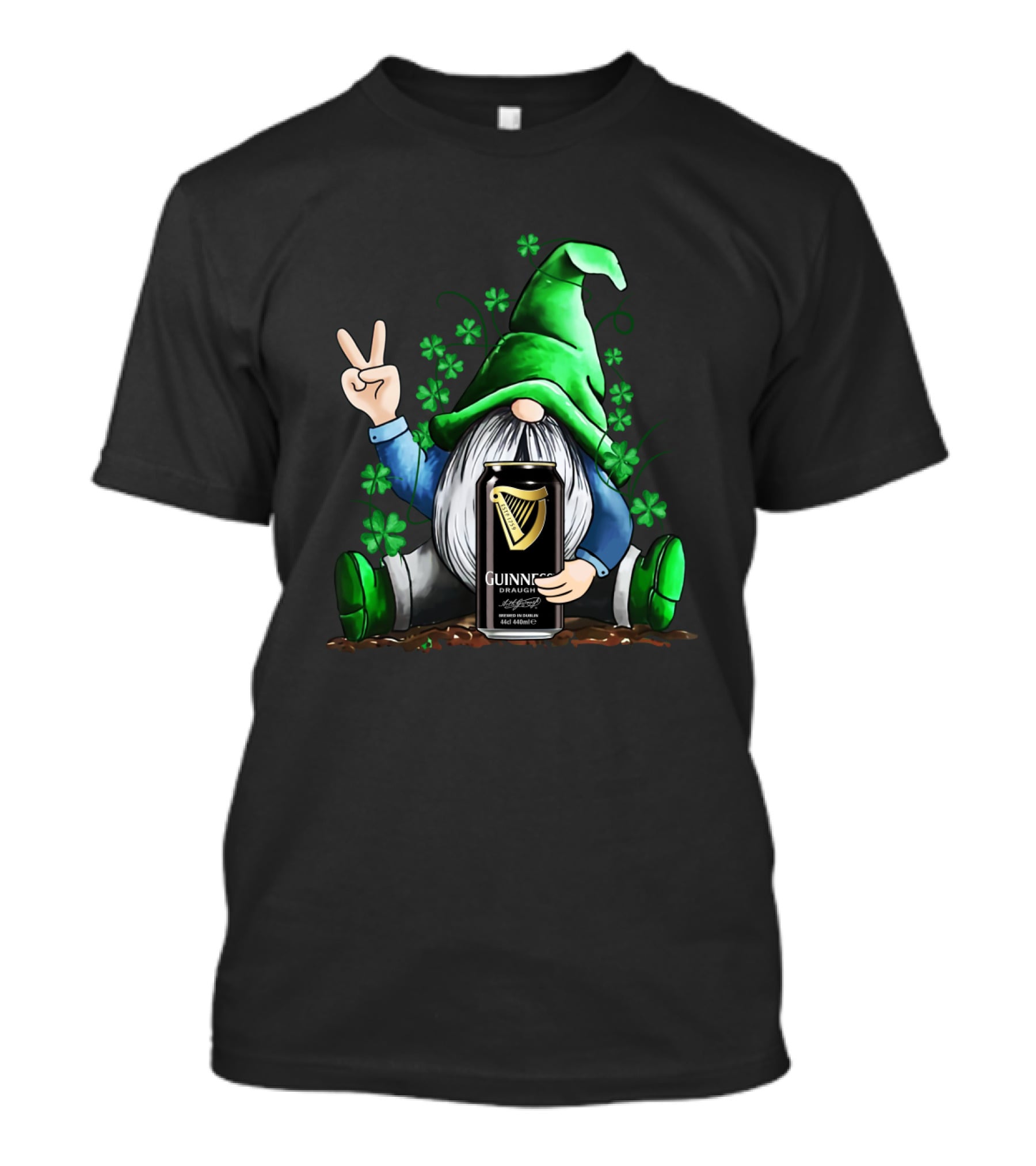Guinness Can Holding Irish Gnome With Shamrocks Peace Sign St Patrick's Day T-Shirt