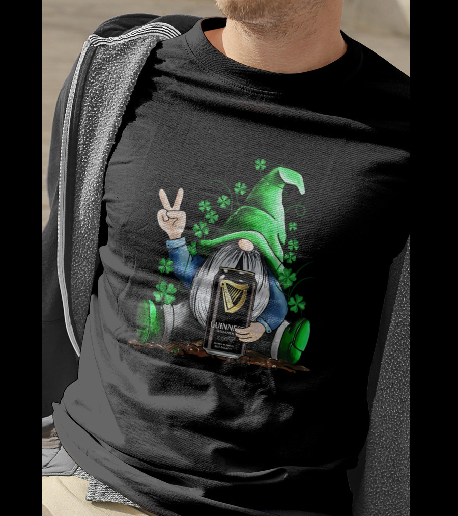 Guinness Can Holding Irish Gnome With Shamrocks Peace Sign St Patrick's Day T-Shirt