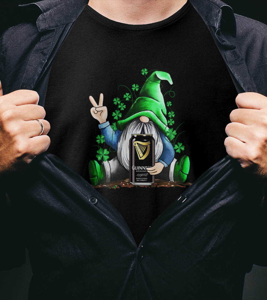Guinness Can Holding Irish Gnome With Shamrocks Peace Sign St Patrick's Day T-Shirt