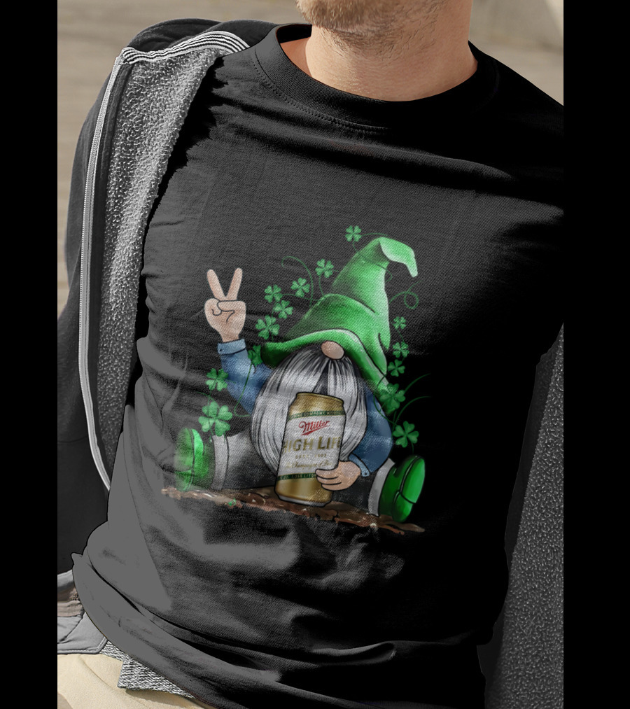 Irish Gnome Peace Sign Shamrocks Miller High Life St Patrick's Day T-Shirt
