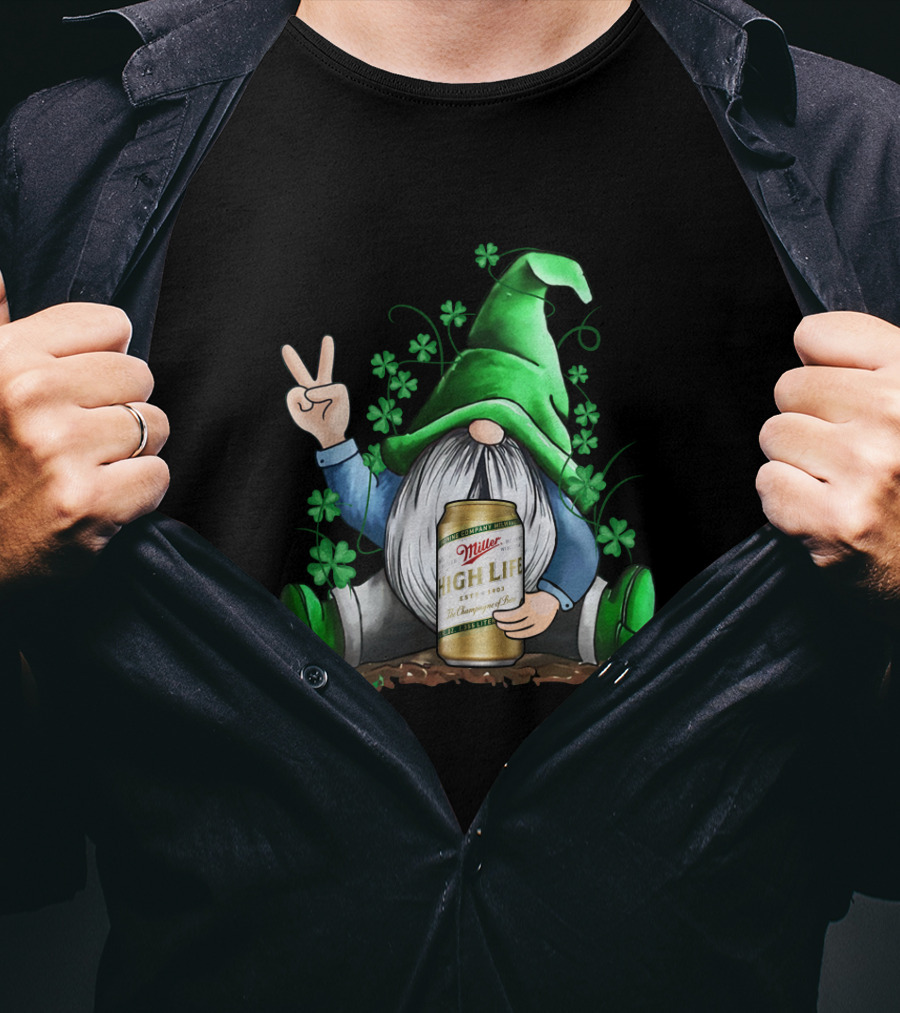 Irish Gnome Peace Sign Shamrocks Miller High Life St Patrick's Day T-Shirt