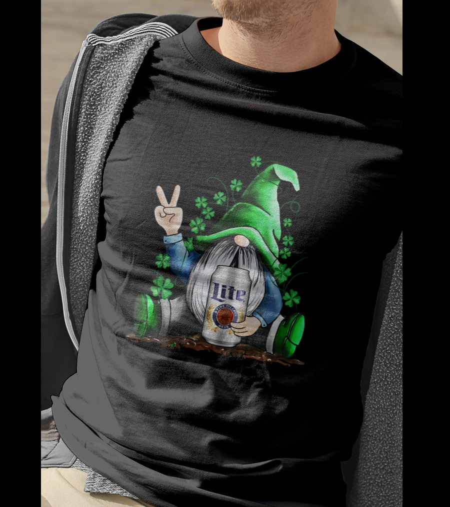 Miller Lite Irish Gnome Peace Sign Shamrocks St Patrick's Day T-Shirt