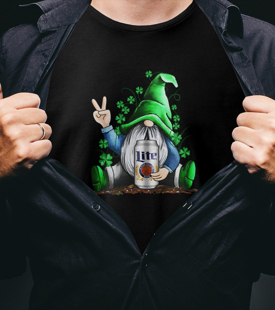 Miller Lite Irish Gnome Peace Sign Shamrocks St Patrick's Day T-Shirt