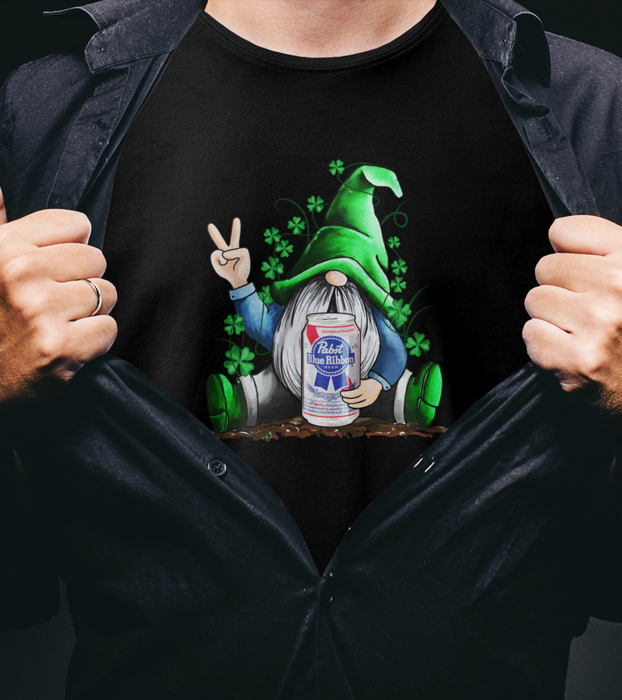 Pabst Blue Ribbon Irish Gnome St Patrick's Day Shamrocks T-Shirt
