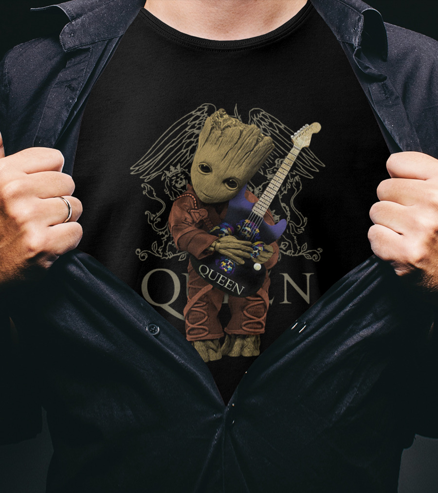 Baby Groot Hug Queen Band Iconic Guitar Wings T-Shirt
