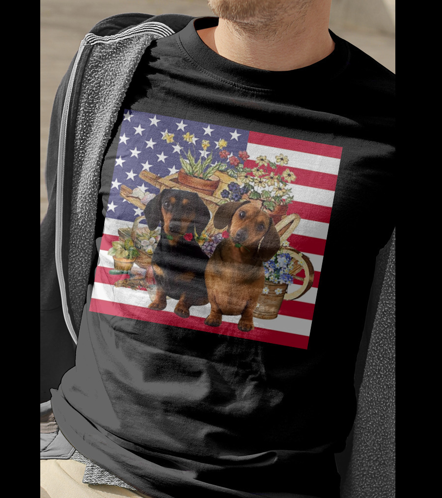 Daschund Flower Garden American Flag Backdrop Face Mask T-Shirt