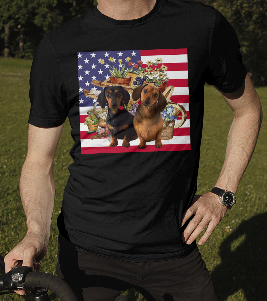Daschund Flower Garden American Flag Backdrop Face Mask T-Shirt