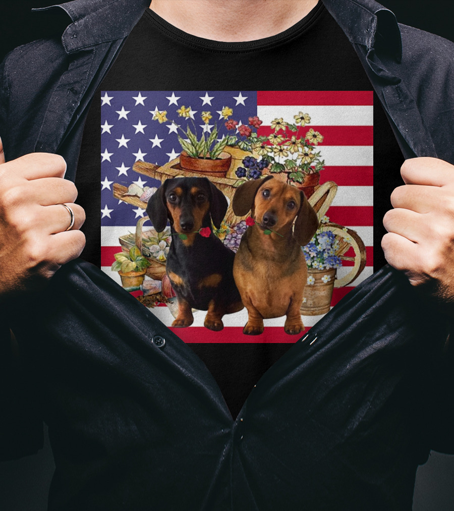 Daschund Flower Garden American Flag Backdrop Face Mask T-Shirt