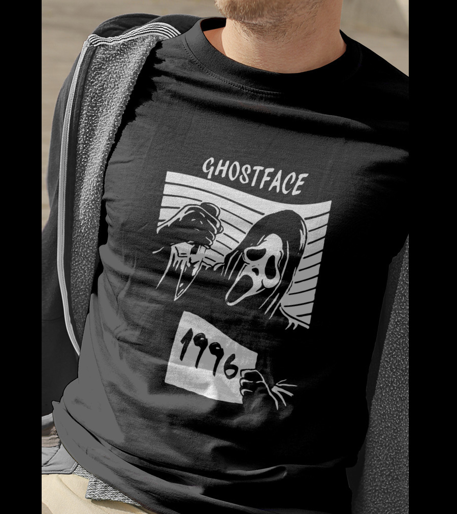 Ghostface 1996 Classic Movie Icon With Knife And Hooded Mask T-Shirt