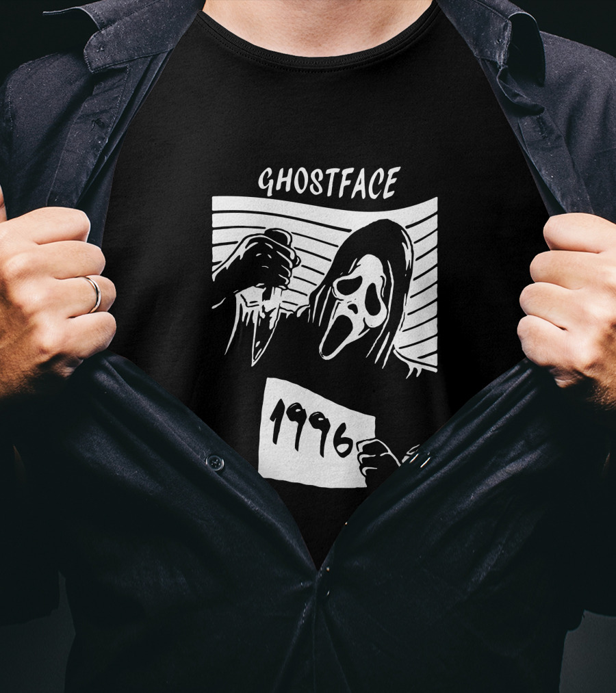 Ghostface 1996 Classic Movie Icon With Knife And Hooded Mask T-Shirt