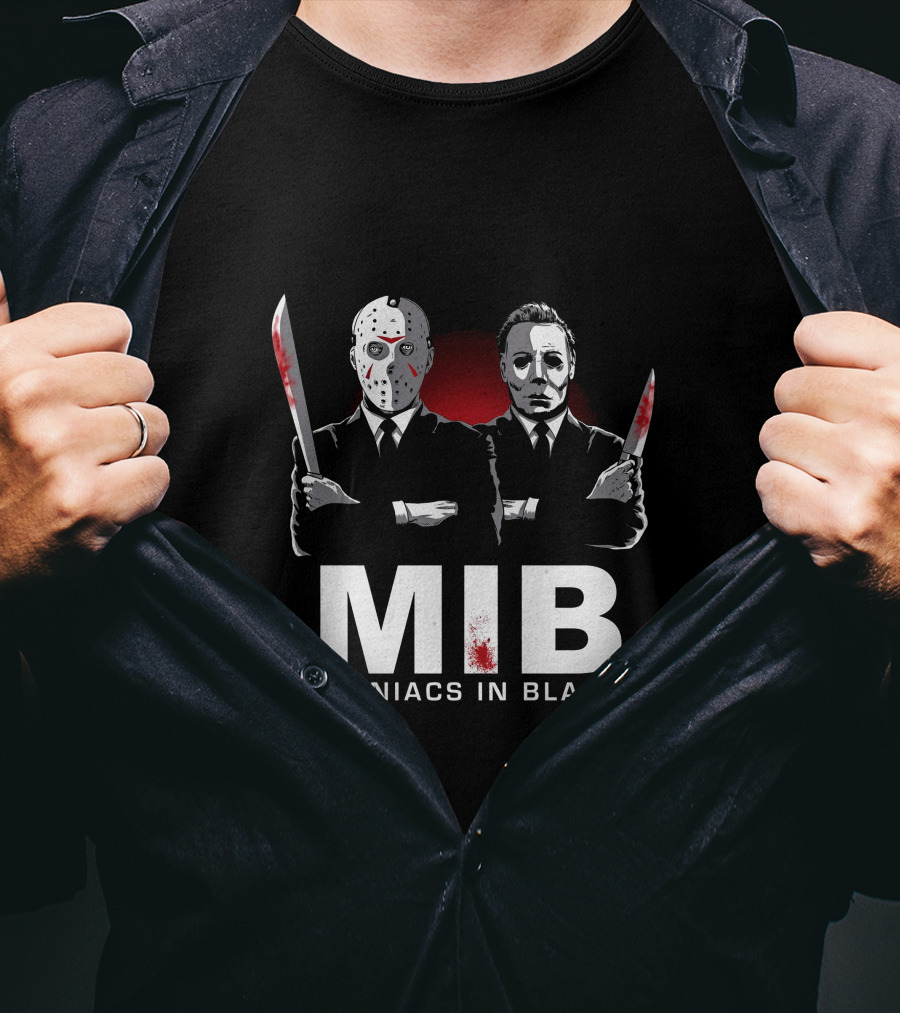 MIB Maniacs In Black Jason Voorhees Michael Myers Horror Crossover T-Shirt