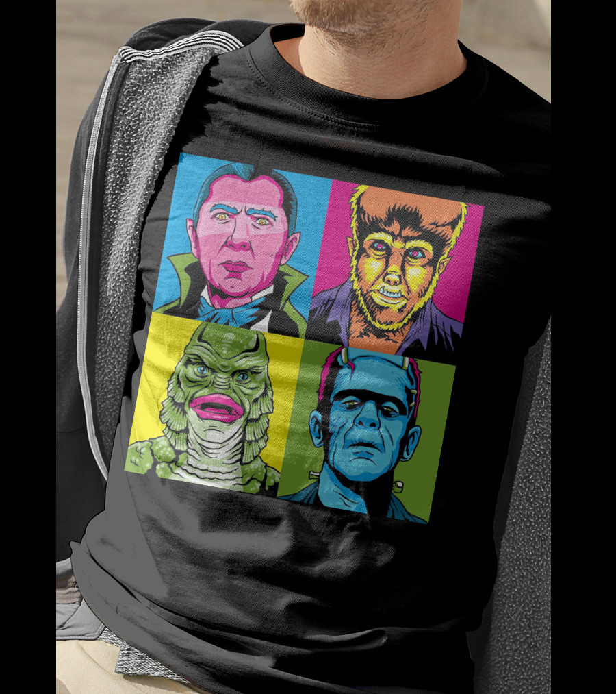 Dracula Frankenstein Wolfman Creature Horror Pop Art Icons T-Shirt