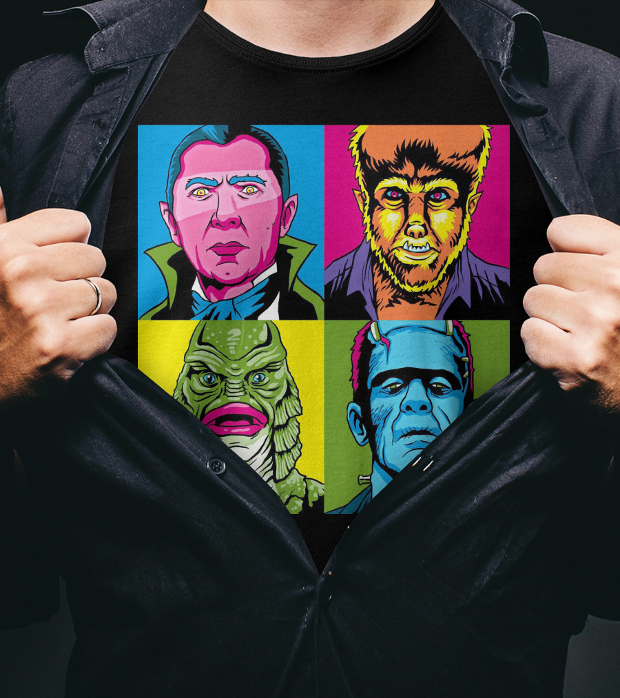 Dracula Frankenstein Wolfman Creature Horror Pop Art Icons T-Shirt