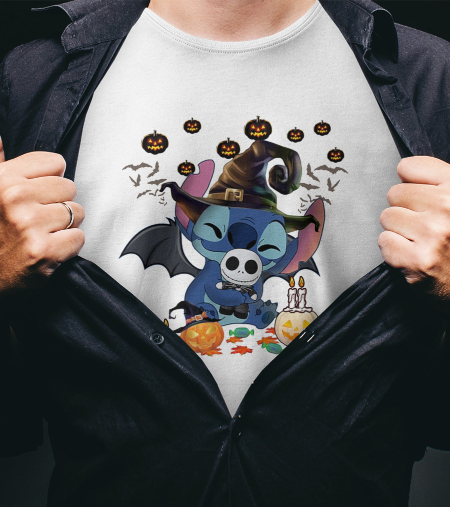 Halloween Stitch Witch With Baby Jack Skellington Surrounded By Pumpkins And Candy T-Shirt