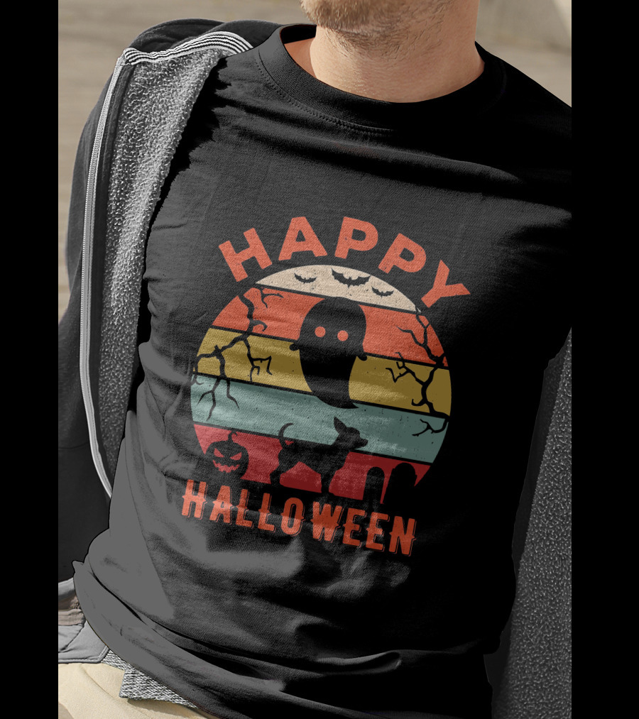 Happy Halloween Chihuahua Ghost Pumpkin Retro Stripes T-Shirt