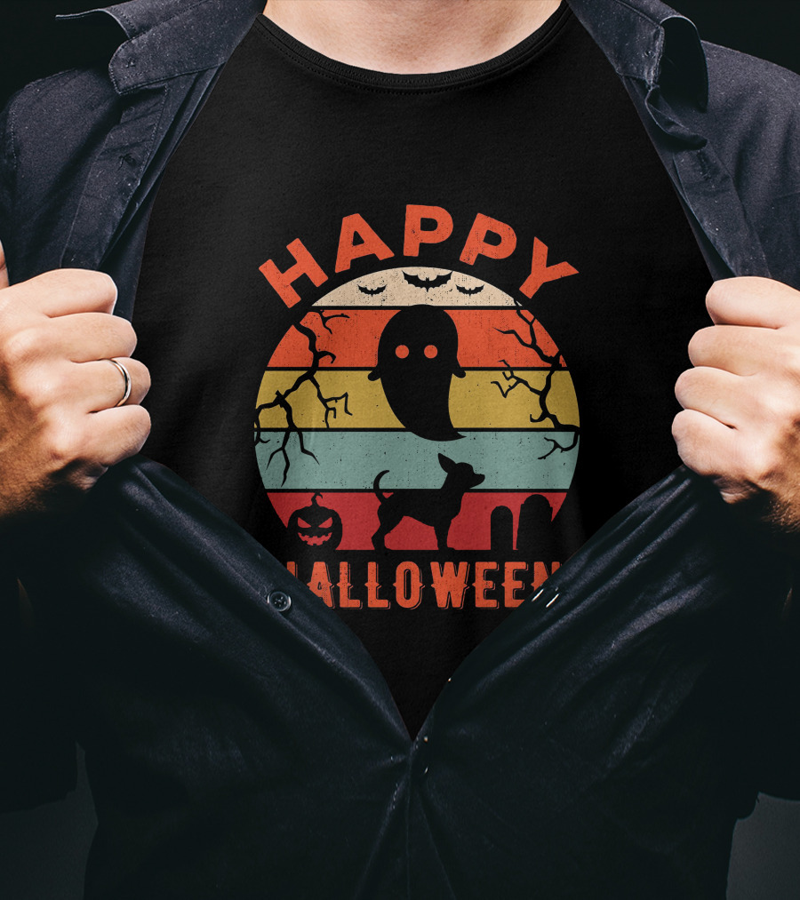 Happy Halloween Chihuahua Ghost Pumpkin Retro Stripes T-Shirt