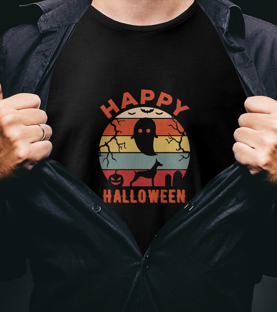 Happy Halloween Ghost Doberman Pumpkin Stripes T-Shirt