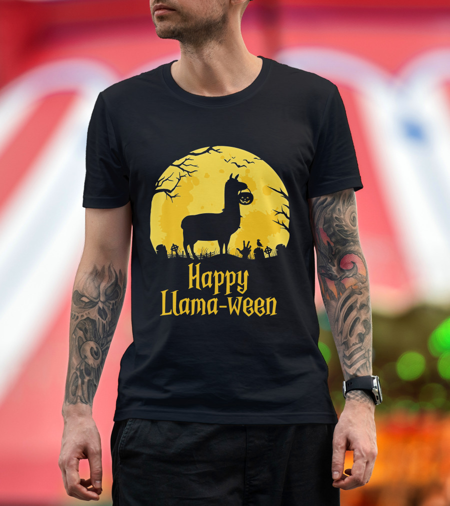 Happy Llamaween Llama Holding Pumpkin Silhouette in Spooky Halloween Scene T-Shirt