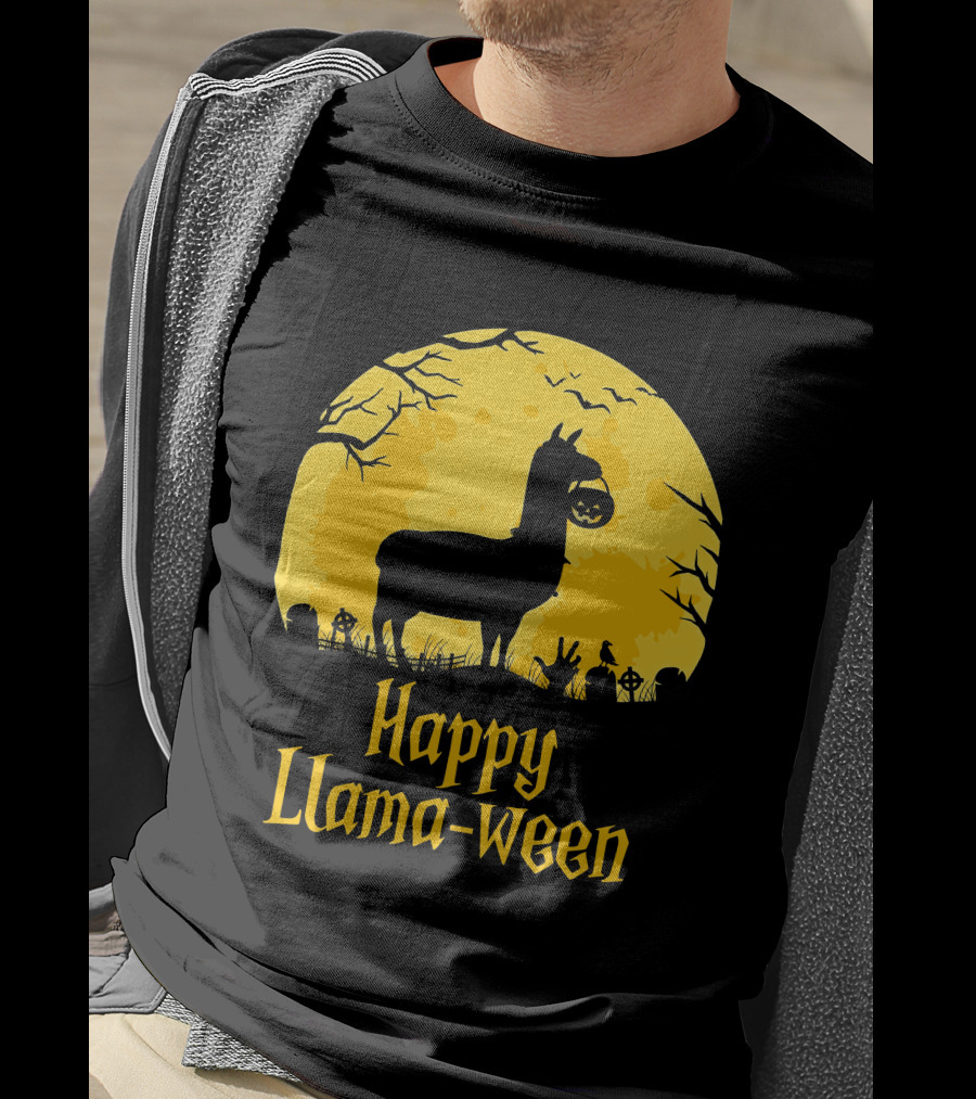 Happy Llamaween Llama Holding Pumpkin Silhouette In Spooky Halloween Scene T-Shirt