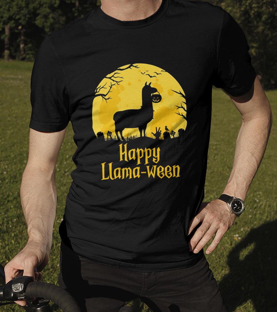 Happy Llamaween Llama Holding Pumpkin Silhouette In Spooky Halloween Scene T-Shirt
