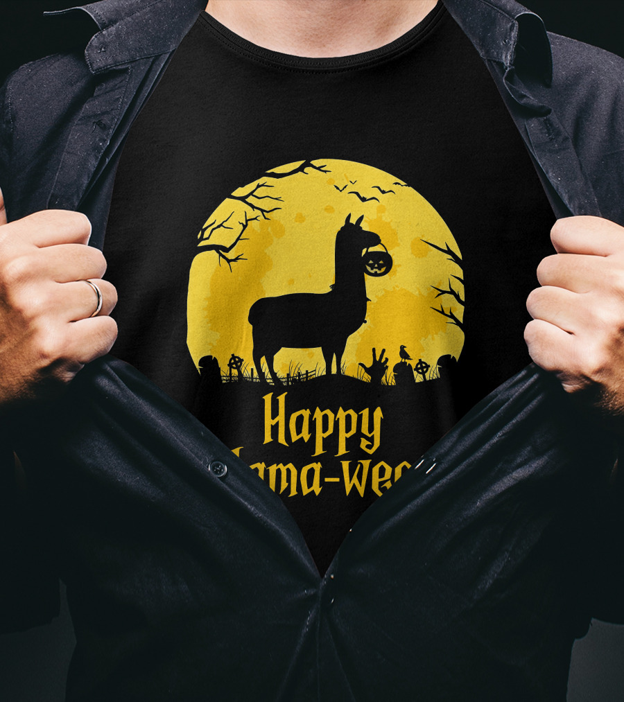 Happy Llamaween Llama Holding Pumpkin Silhouette In Spooky Halloween Scene T-Shirt